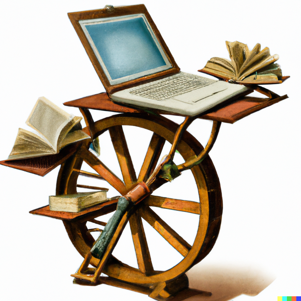 Because it is a law that all blog posts having to do with anything related to the digital humanties are required to include a picture of a bookwheel, we present an image generated by DALLÂ·E with the folloiwng prompt: 'A bookwheel in the style of the 16th-century illustration by Agostino Ramelli and where the books are replaced by open laptops'